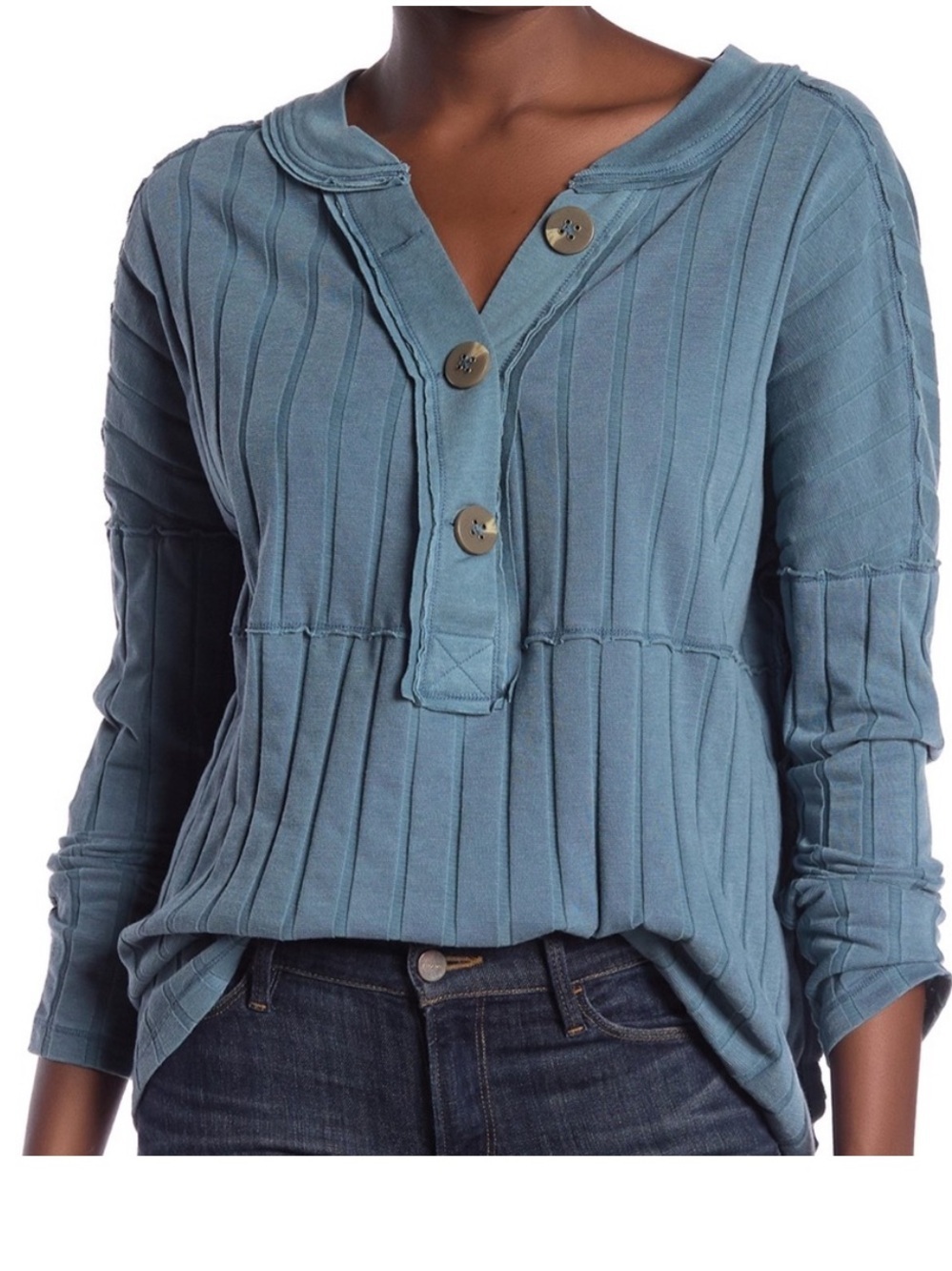 We The Free by FP In The Mix Henley Ribbed Long Sleeve Oversized Top Blue XS